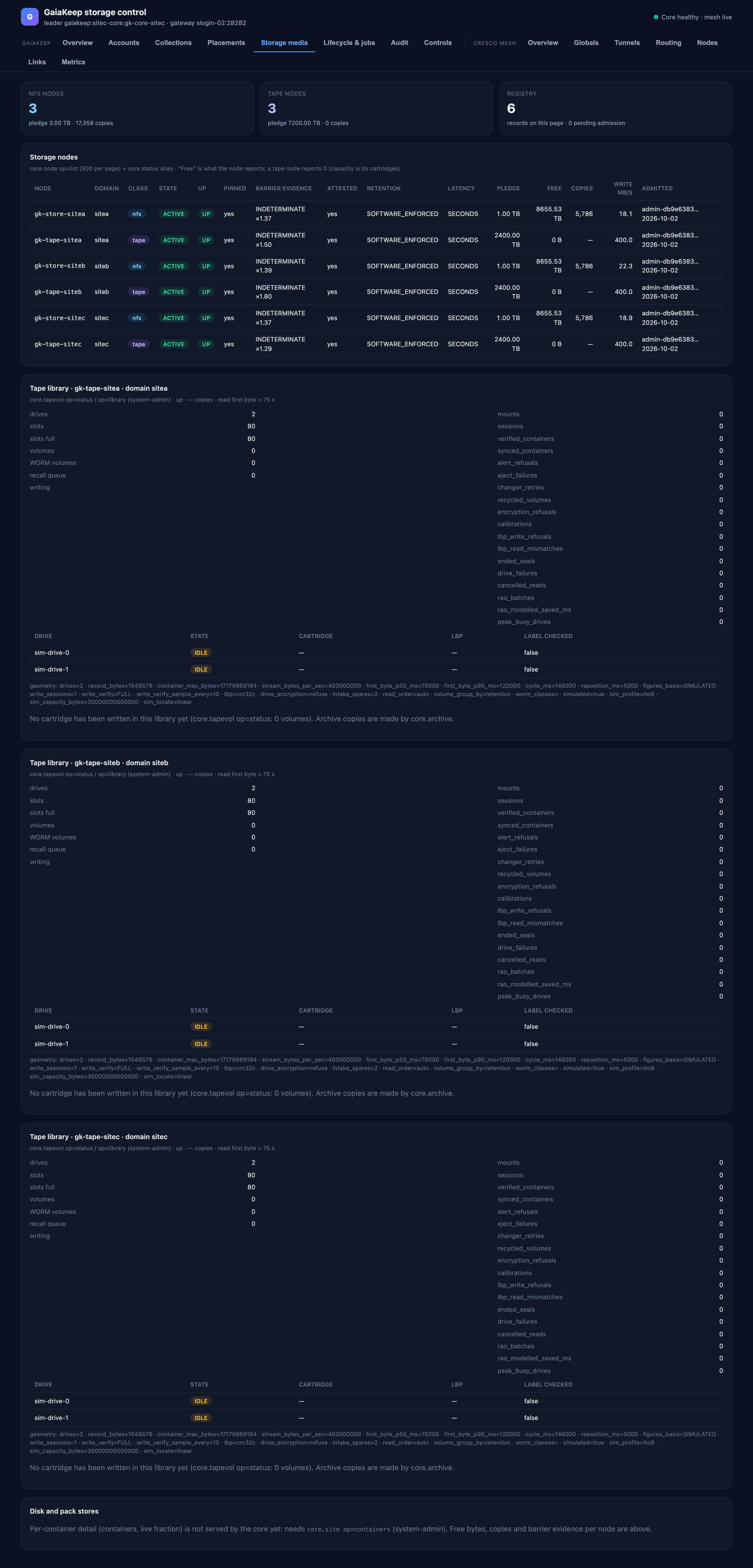 The Storage media page: the node registry, then each tape library with drives, slots, counters and geometry