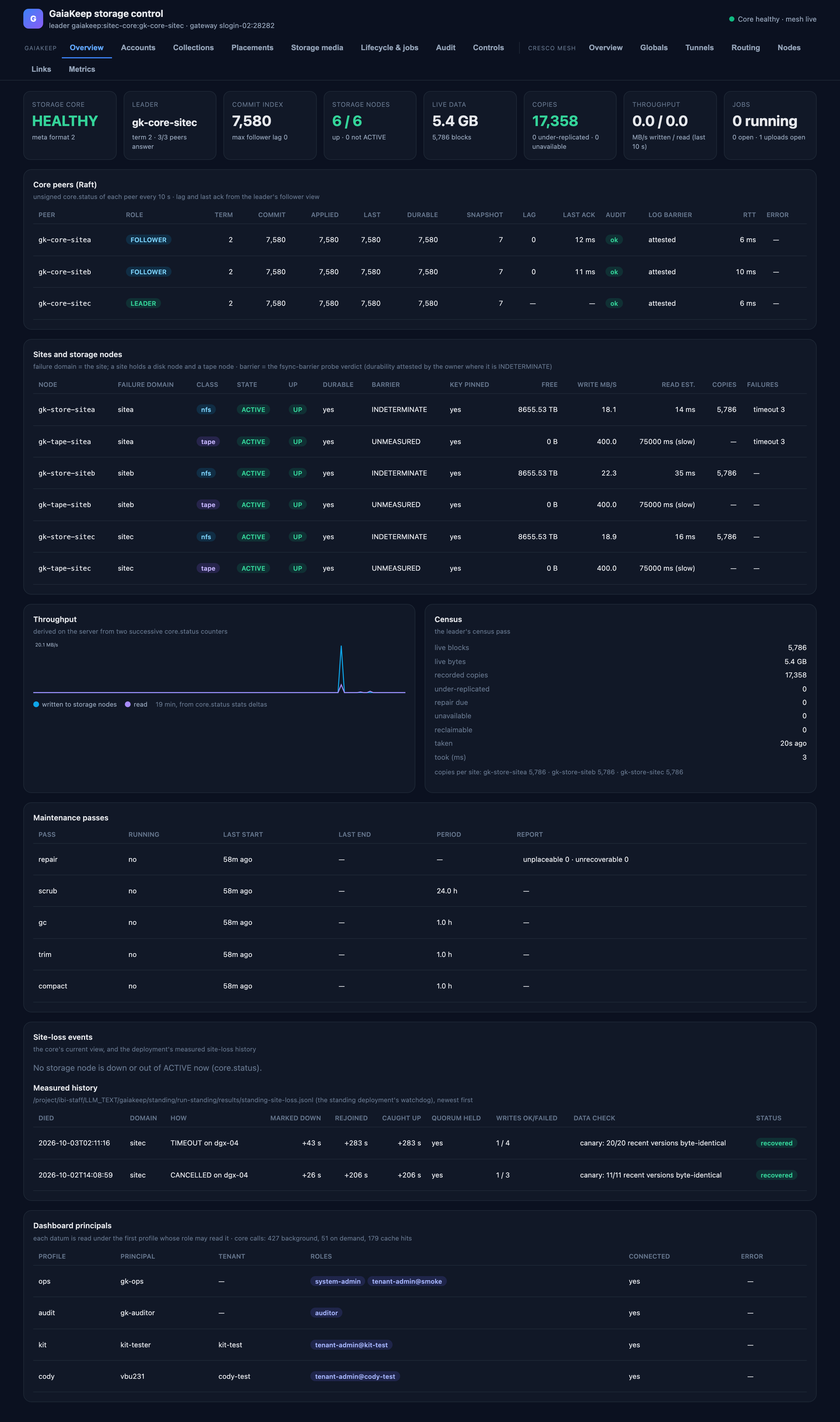 The Overview page: core health, the replicated peers, every site, throughput, the census, maintenance passes, site-loss history and the dashboard's own principals